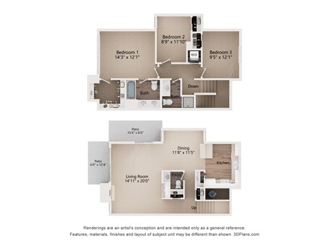 Floor plan for 3 beds, 2.5 baths, 1515 sqft